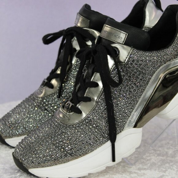 Michael Kors Allie Trainer Crystal Mesh Sneakers Silver Metallic-Women’s Size 8 - Picture 1 of 8